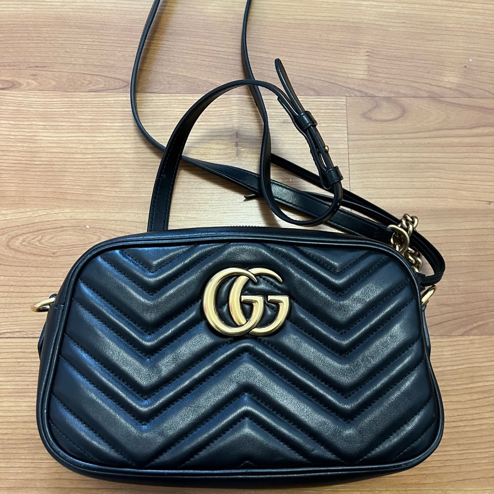 Authentic Gucci Black Chevron Crossbody Bag with Gold Logo